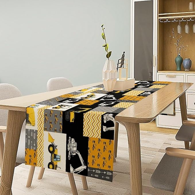 Excavator Table Runner,Boys Kids Construction Vehicles Equipment Trucks Cartoon Car Tablecloth Burlap for Hotel Indoors Outdoor Dining Room Kitchen Holiday Party, 13x80in