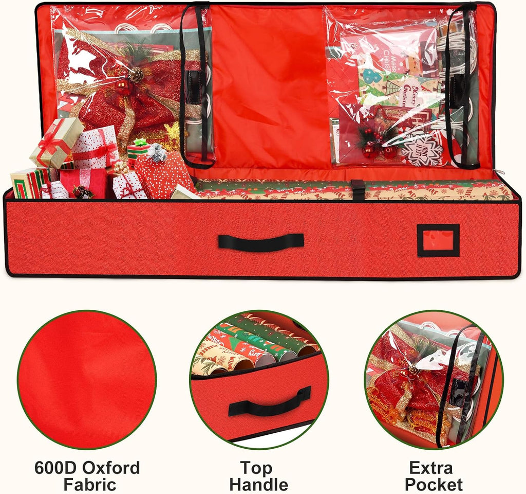 HikooLSS Wrapping Paper Organizer Storage Container 600D Heavy Duty (Red) | Tear Proof for Holiday Christmas Gift Wrapping Storage with Flexible Partitions Storage Container for Ribbon, Accessories