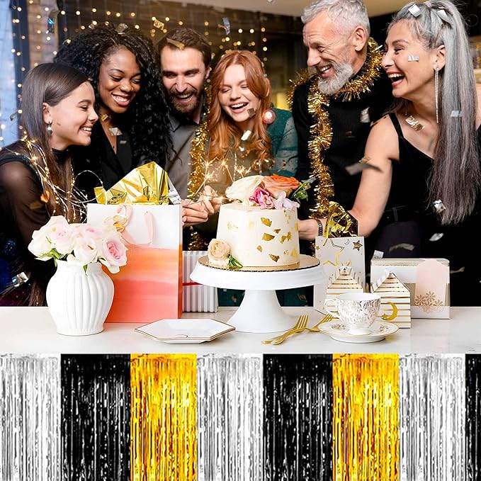 3 Pack 29 x108 Inch Black and Gold Foil Fringe Table Skirts Metallic Banner for Tinsel Streamer Garland Backdrop for Parade Floats Mother's Day, Graduate, Birthday, Wedding Party Decoration
