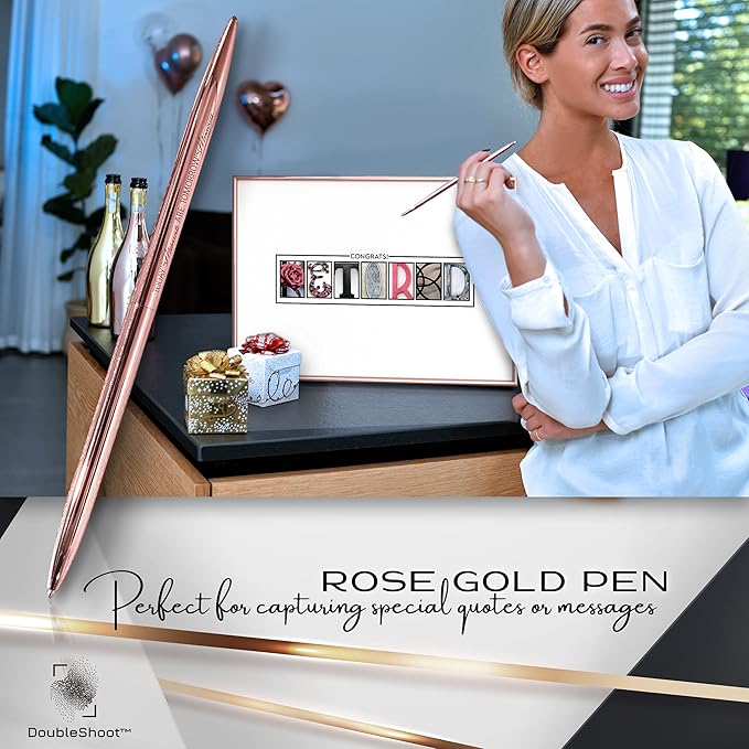 Framed Retirement Decorations Guest Book for Womens 12"x16" Rose Gold Frame - Window Cut Design - Including Gold Pen & Acrylic Glass - Retired Party Decor Gifts for Her