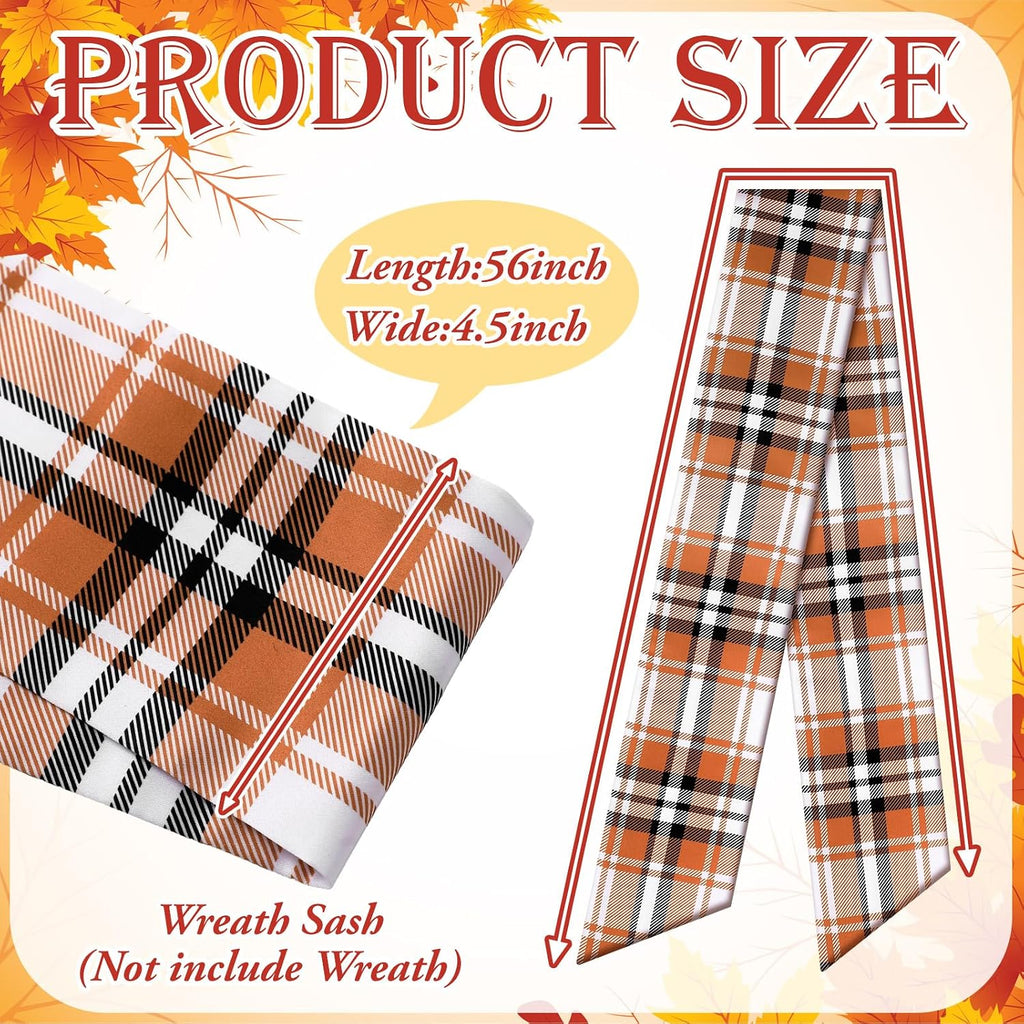 VitalCozy 2 Pcs Wreath Sash for Front Door, Fall Thanksgiving Plaid Wreath Sash Accessories Garland Ribbon for Embroidery Monogram Outdoor Indoor Wall Autumn Holiday Decor Yard Doorway