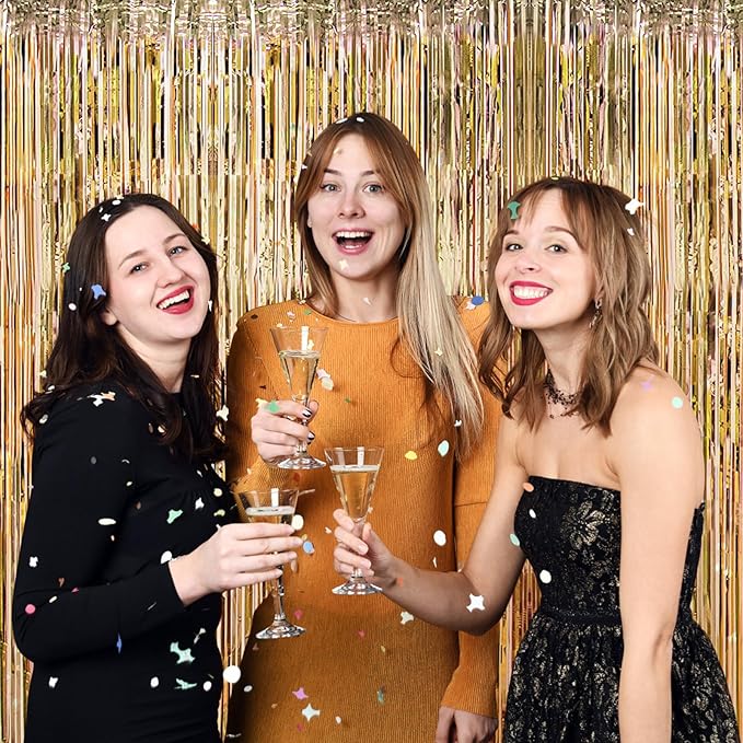 5 Pack Champagne Gold Foil Curtain Backdrop 3.2ft x 9.8ft Metallic Tinsel Foil Fringe Curtains Streamer Photo Booth Backdrop for Birthday Party Engagement Bachelorette Party Decorations