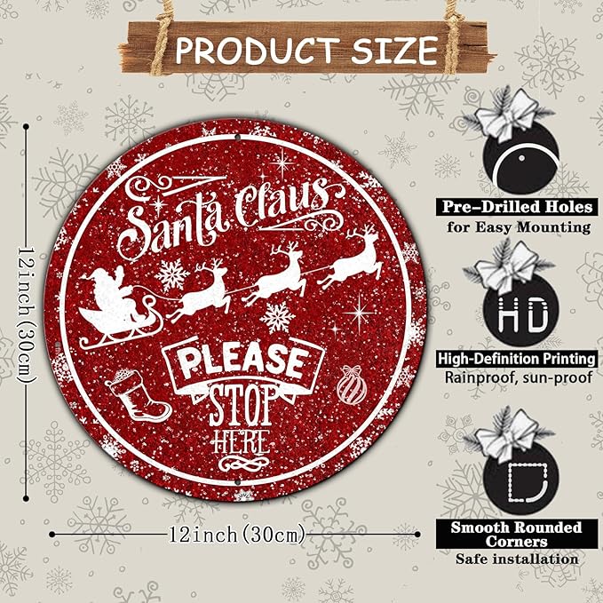 Round Metal Tin Sign - Santa Sleigh Reindeer Vintage Sign - Santa Claus Please Stop Here Sign for Christmas Living Room Bedroom Coffee Bar - 12 * 12 in