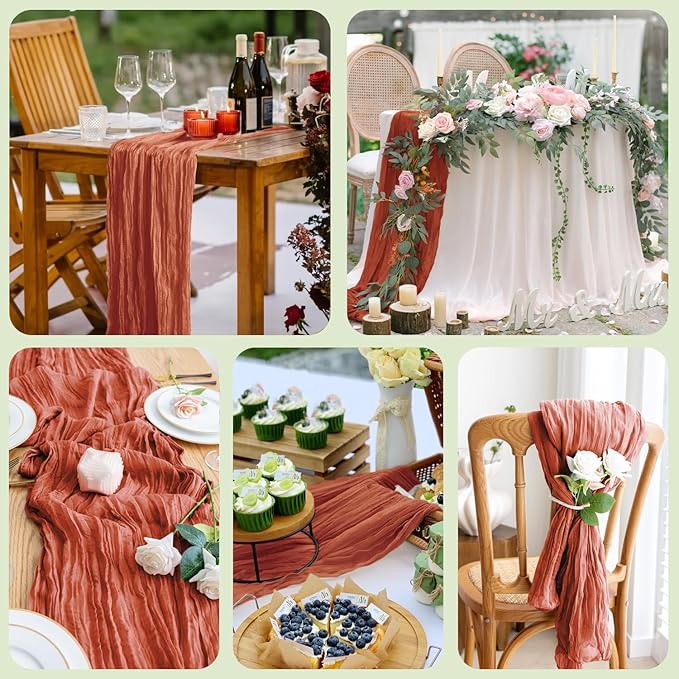 Asee'm 4pcs Cheesecloth Table Runner 120 Inches Long Terracotta Boho Gauze Cheese Cloth Runner 10FT Rustic Sheer Fall Table Runners for Thanksgiving Christmas Wedding Party Baby Shower Decoration