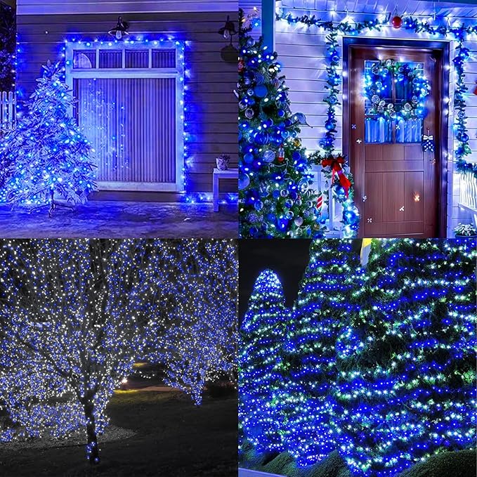 LAMPHOME 33ft Christmas Decorative Mini Lights, 100 LED Transparent Wire Fairy Starry String Lights Plug in, 16 Lighting Modes for Outdoor Xmas Tree Wedding Party Decoration (White+Blue)