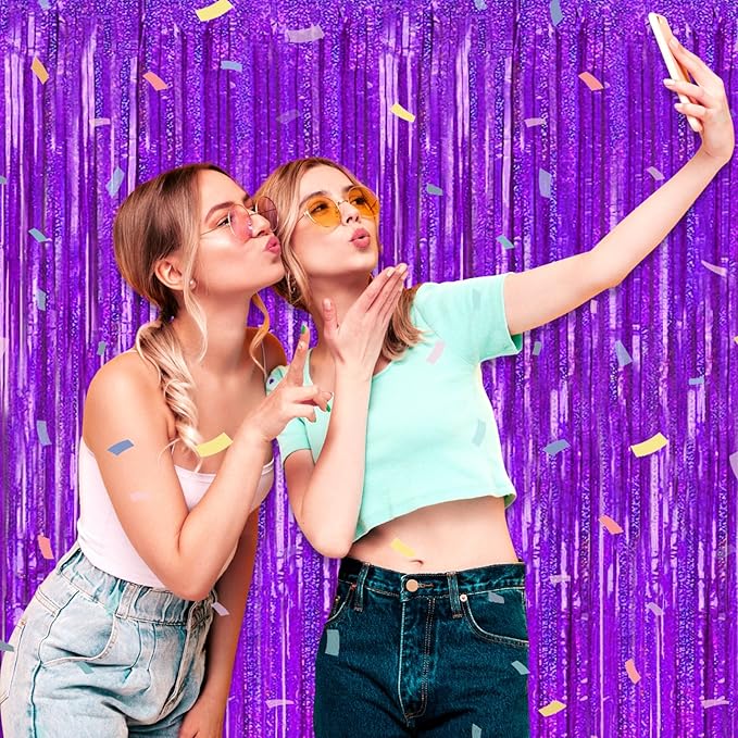 6 Pack Purple Foil Fringe Curtain Backdrop, 3.28Ft x 8.2Ft Metallic Tinsel Foil Fringe Streamer Curtains for Photo Booth, Birthday, Wedding, New Year Party Decorations