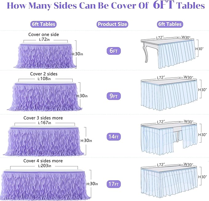 PARTISKY Lavender Purple Tulle Curly Willow Table Skirt for Rectangle Table 6ft, Ruffle Tutu Table Cloth for Girls Boys Baby Shower,Mermaid Birthday Party