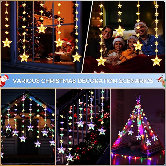 32 Stars Christmas Window Lights, IP65 Waterproof 52 LEDs Twinkle Star Fairy String Lights with 8 Modes Timer, Warm White & Multicolor, Battery Operated Hanging Xmas Star Decoration for Indoor Outdoor