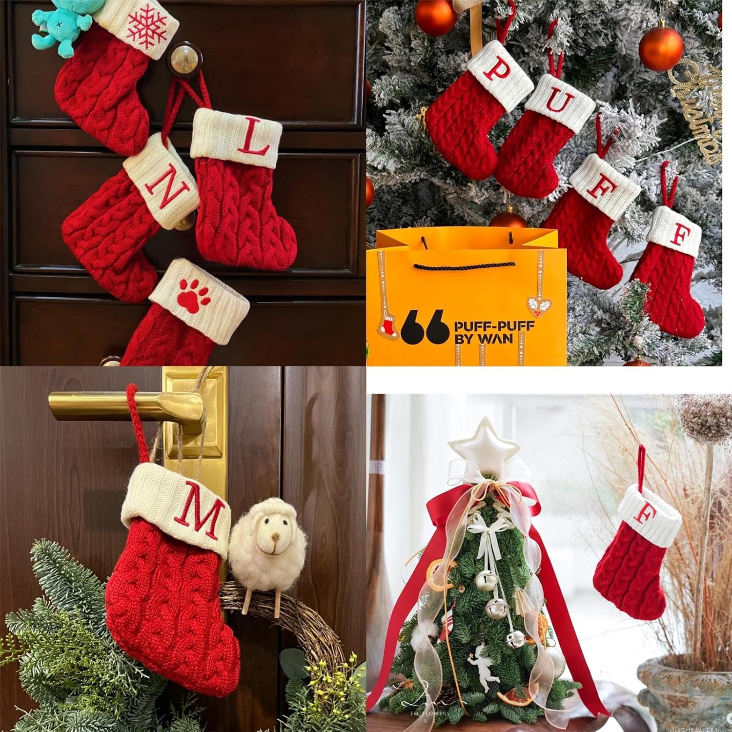 Mini Red Knit Stocking,8.5 Inches Initial Monogram Embroidered Christmas Stocking,Family Fireplace Hanging Ornament Xmas Holiday Decor Gift-Letter M
