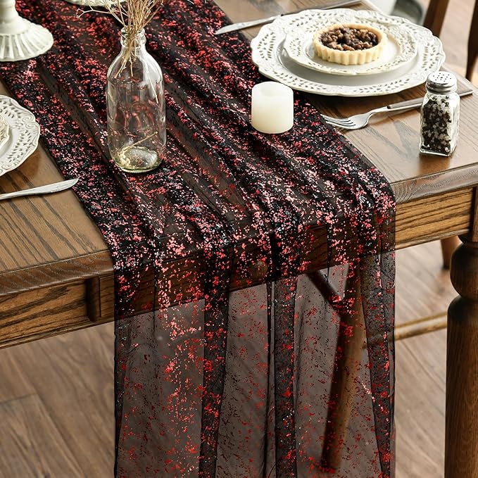 Artoid Mode Black Red Gold Gauze Table Runner 120 Inch 10FT, Glitter Metallic Foil Sheer Dining Wedding Anniversary Holiday Table Decor for Home Party
