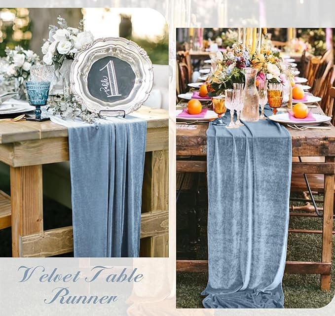 Velvet Table Runner 20 x 120 Inches 10ft Luxurious Thick Soft Velvet Christmas Thanksgiving Wedding Reception Table Runner for Party Reception Decorations(Dusty Blue, 6 Pack)