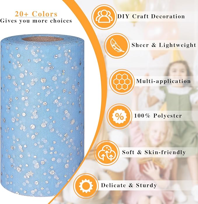 Glitter Tulle Rolls, 6” by 50 Yards (150FT) Sequin Tule Netting Fabric Tulle for Tutu Skirts Sewing Birthday Wedding Party Decoration (Light Blue)