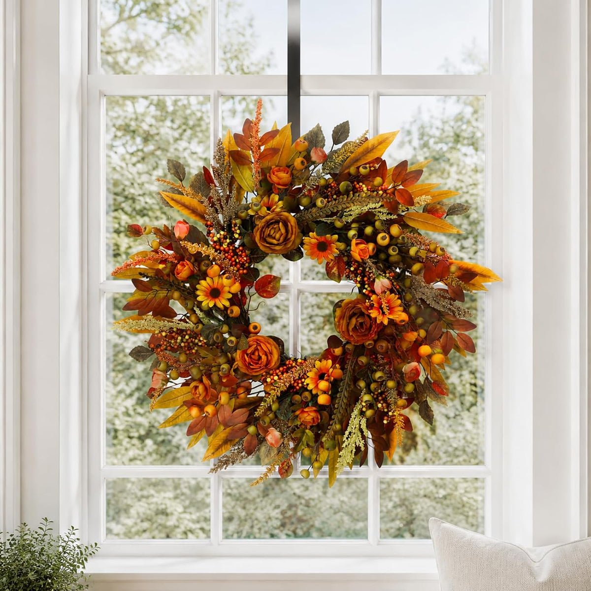 Fall Wreath for Front Door 26 Inch, Autumn Harvest Wreath Sunflowers Roses Ac...