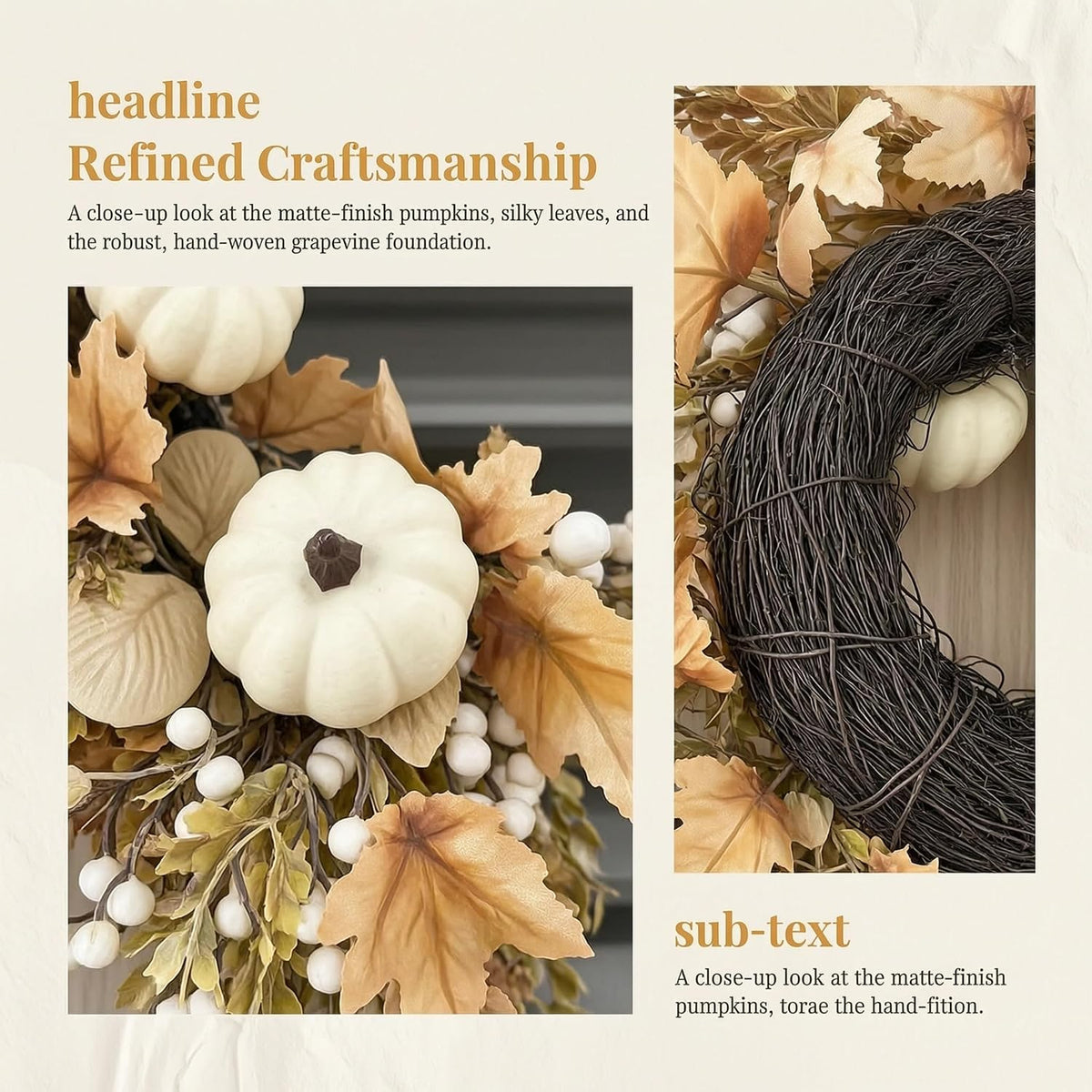24 inch neutral fall wreath for front door showing dimensions