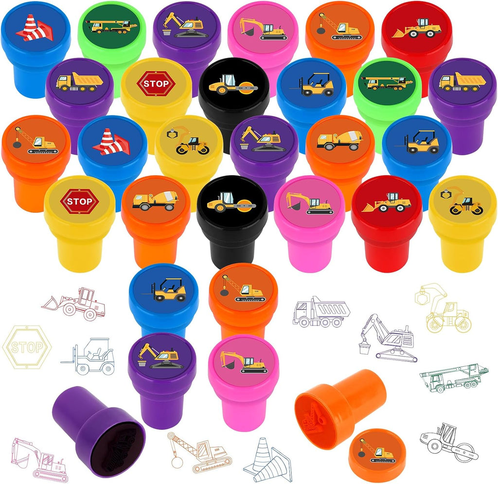 Hxezoc 24 Pieces Construction Truck Print Stamp, Mini Colorful Self Inking Stamps Party Favors Assorted Stamp Set for Classroom Party Educational Learning Activities Supplies