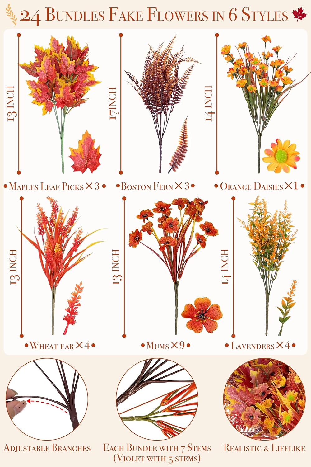24 bundles 6 styles artificial fall flowers plants shown in use