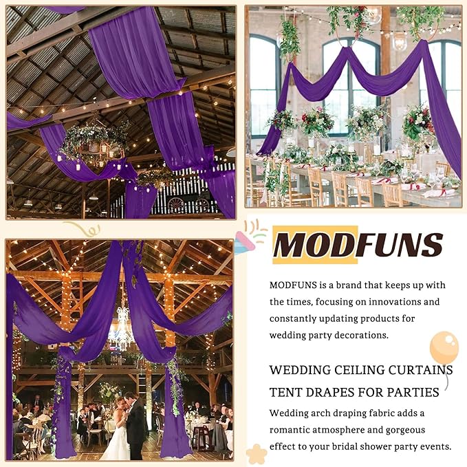 MODFUNS Ceiling Drapes for Weddings Purple Chiffon Sheer Ceiling Curtain 4 Panels 5FTx20FT Wedding Arch Draping Fabric Chiffon Backdrop Curtains Tulle Arbor Drapery Party Stage Ceremony Ceiling Sheer