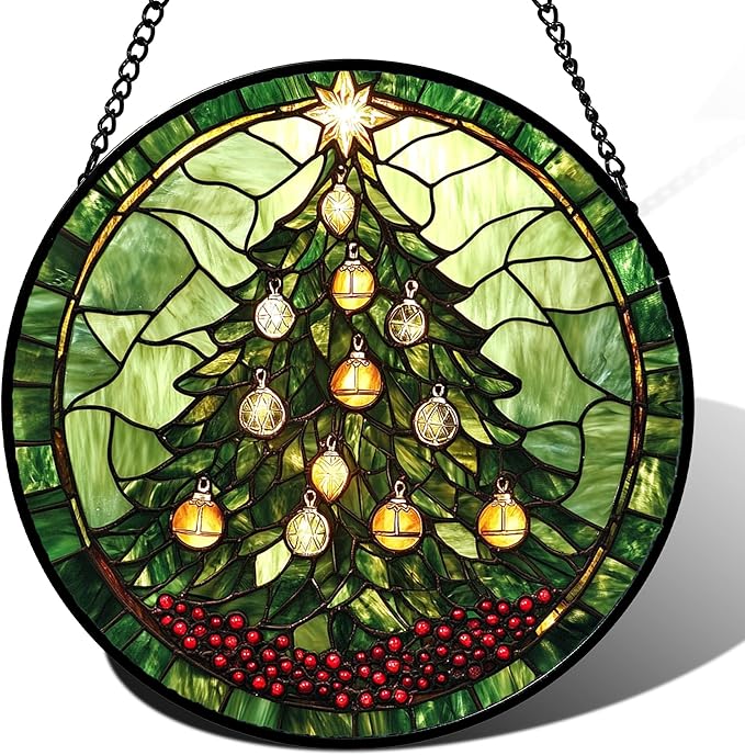 Stained Glass Window Hanging - Green Christmas Tree Golden Bells Suncatcher for Doors Home Christmas Decoration Sun Catcher Thanksgiving New Year Birthday Gift for Women Men Mom Nana 7.8 in