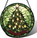 Stained Glass Window Hanging - Green Christmas Tree Golden Bells Suncatcher for Doors Home Christmas Decoration Sun Catcher Thanksgiving New Year Birthday Gift for Women Men Mom Nana 9.8 in