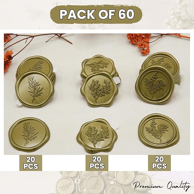 Wax Seal Stickers (60 Pcs, 3 Designs in 1 Pack) Premium Envelope Seal Stickers for Wedding Invitation Envelopes, Adhesive Wax Seals, Perfect for Seating Chart, Gift Wrapping