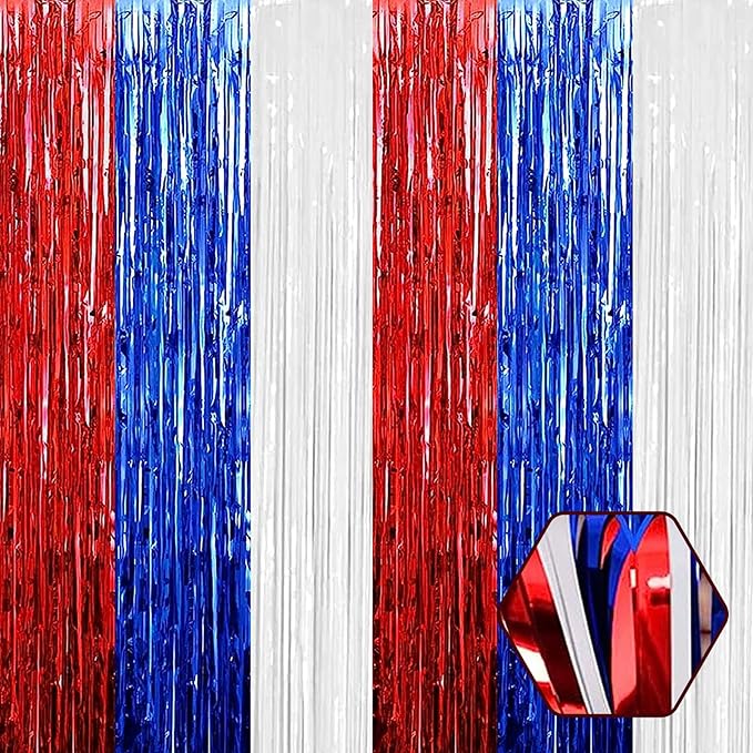 6 Pack White Blue Red Foil Fringe Curtain Backdrop, 3.28Ft x 8.2Ft Metallic Tinsel Foil Fringe Streamer Curtains for Photo Booth, Birthday, Wedding, New Year Party Decorations