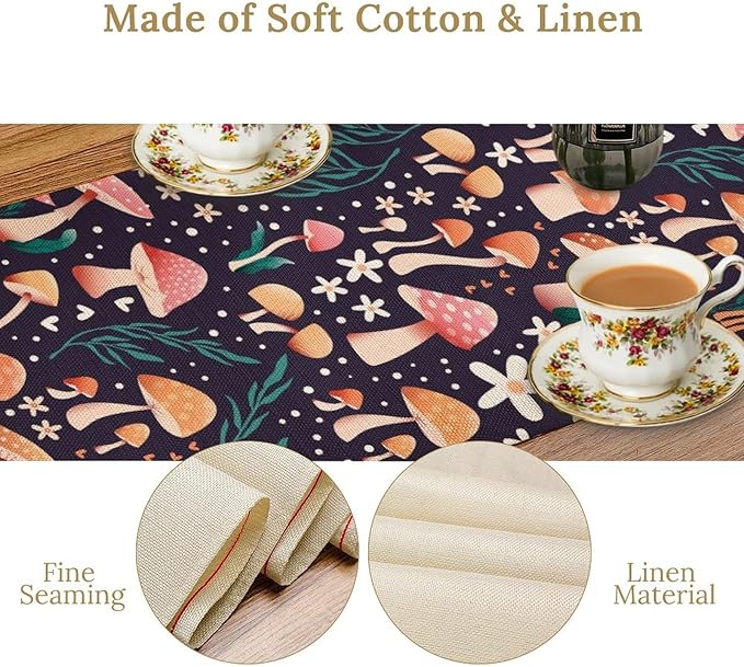 Mushroom Table Runner,Retro Forest Plant Table Cloth Farmhouse Kitchen Dining Table Decoration for Home Party Decor 13x36 Inch