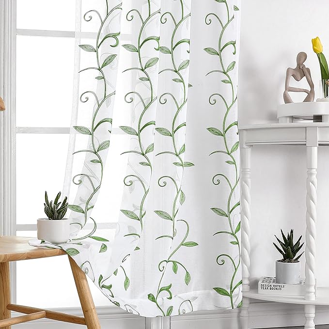 VISIONTEX Embroidered Green Sheer Voile Curtains, Leaves Embroidery Faux Linen Rod Pocket Window Drapes for Living Room and Girls Bedroom 54 x 108 Inch, Set of 2 Curtain Panels