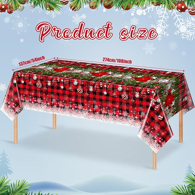 6Pcs Christmas Buffalo Plaid Snowflake Tablecloths,Plastic Red and Black Checkered Rectangle Christmas Tree Color Ball Table Cover for Winter Christmas New Year Holiday Party Decorations,54x108 inch