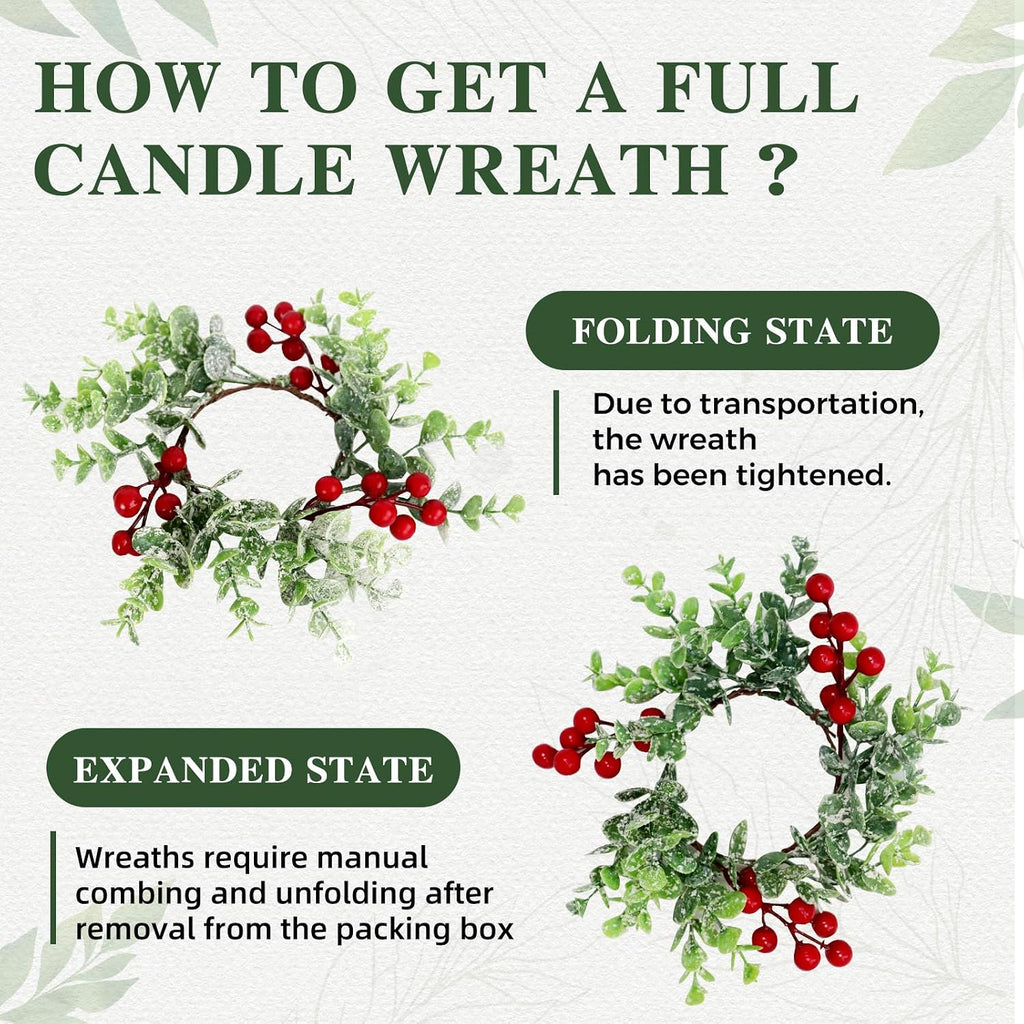 4 Pcs Christmas Candle Rings Wreath Red Berries with Eucalyptus Leaves 3.15inch, Snowy Small Wreath Candle Ring Holder for Pillars, Christmas Home Kitchen Cabinet Table Centerpieces Decor