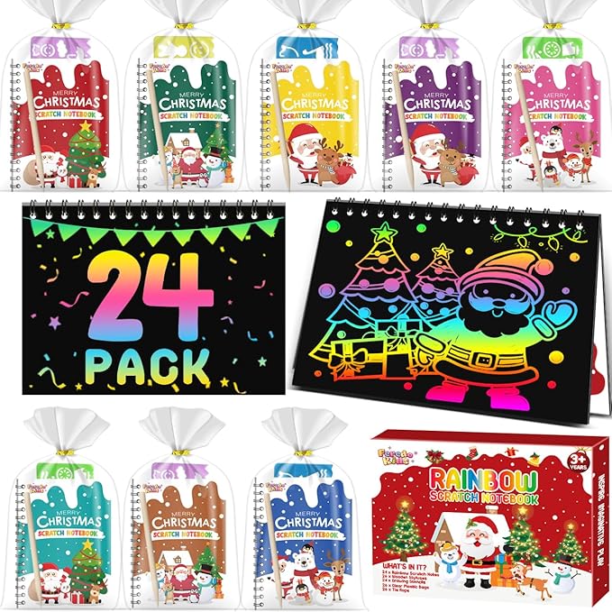 Party Favors for Kids: 24 Pack Christmas Rainbow Scratch Art Notebook Classroom School Supplies Bulk for Girls Boys Goodie Bags Stuffers, Return Gifts for Birthday Party Gift Kid Crafts