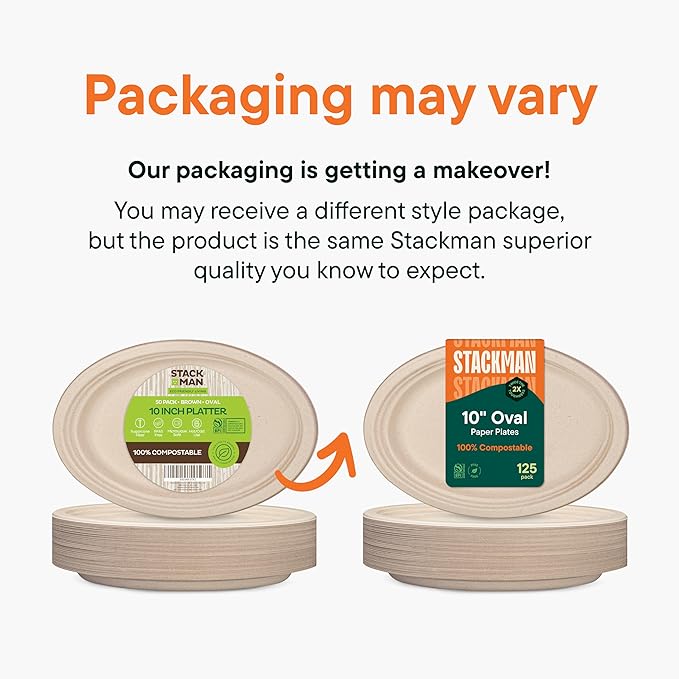 100% Compostable Oval Paper Plates [50-Pack] - {PFAS-Free} - {BPI Certified} - [10 Inch] Heavy Duty, Eco-Friendly, Biodegradable Bagasse Dinner Platters - Natural Brown 10" Oval Plates by Stack Man