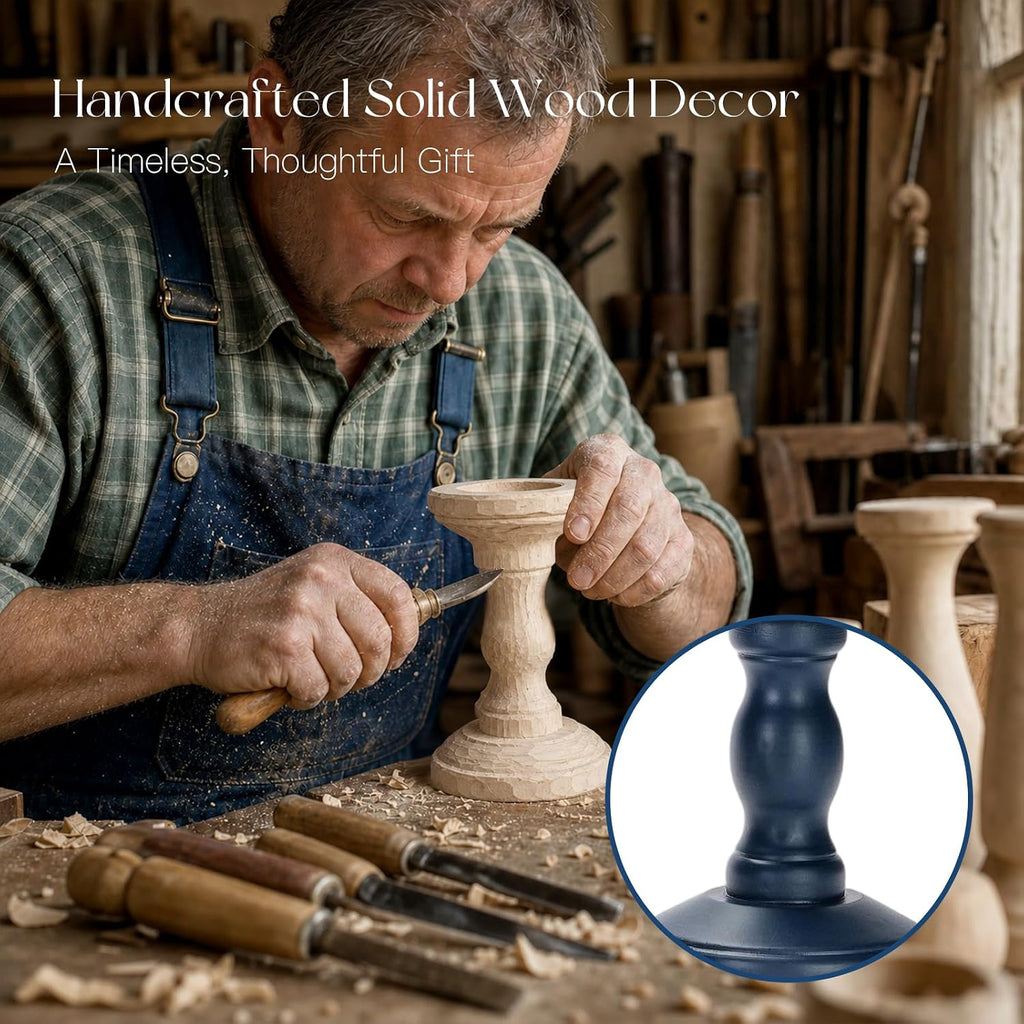 Candeldo Wood Candle Holder for Pillar, Navy Blue Coastal Decoration | Set of 3, Table Centerpiece, Tall Shabby Chic Decor, Wooden Rustic Kitchen Decor for Fireplace Mantle
