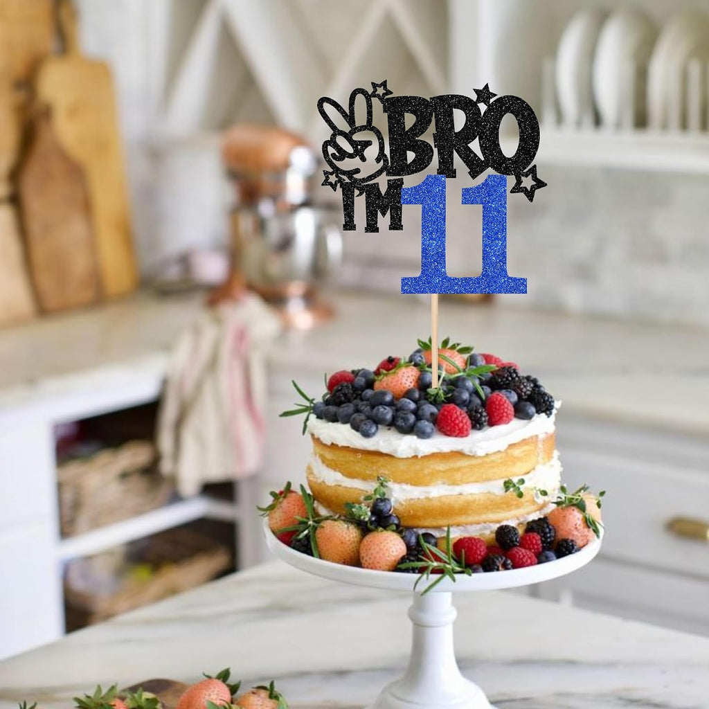 1 PCS Brother I'm 11 Cake Topper Glitter Star Happy 11th Birthday Cake Pick Bro I'm 11 Cake Decoration It's My 11th Birthday Decorations for Boys Cheers to 11 Years Old Birthday Party Supplies Blue