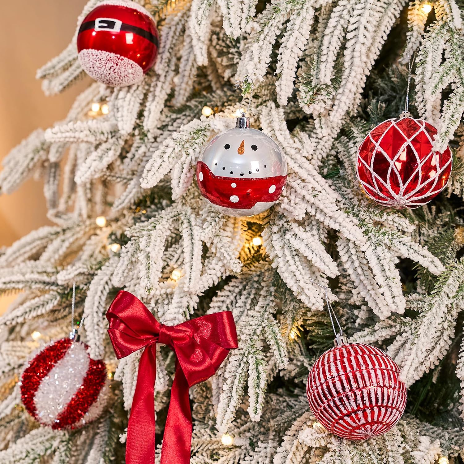 JORNOY Christmas Tree Ornaments Set of 12, 3.15inch/80MM Shatterproof Plastic Xmas Tree Ball Ornaments Bulk Decorative Hanging Baubles for Xmas Tree Decor Holiday Party Decorations, Red & White