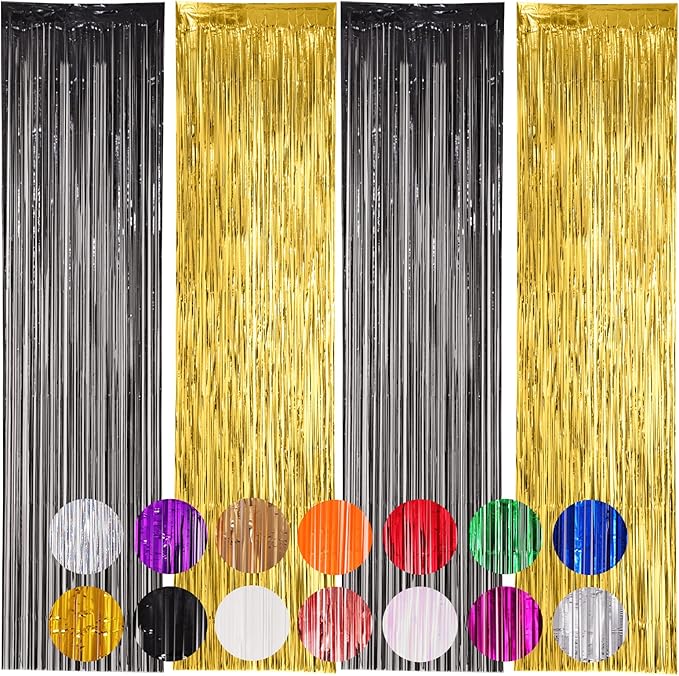 4 Pack Black and Gold Foil Fringe Backdrop Curtains, Tinsel Streamers Birthday Party Decorations, Fringe Backdrop for Graduation, Baby Shower, Gender Reveal, Disco Party