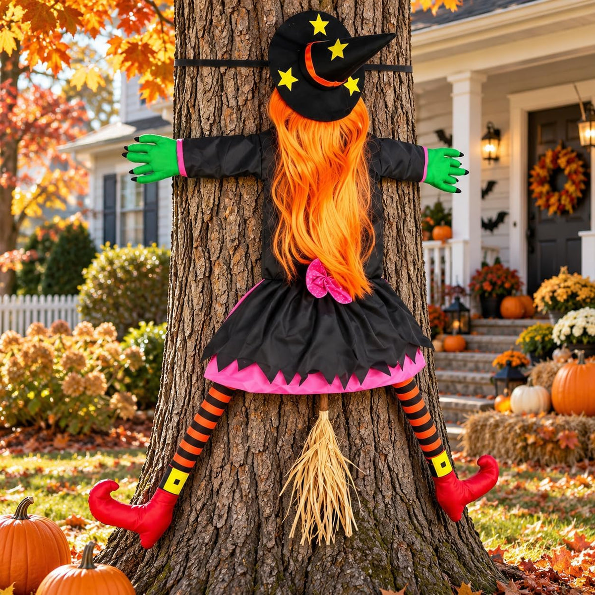 53" Crashing Witch Halloween Decorations Outdoor, Funny Witch Yard Decor...