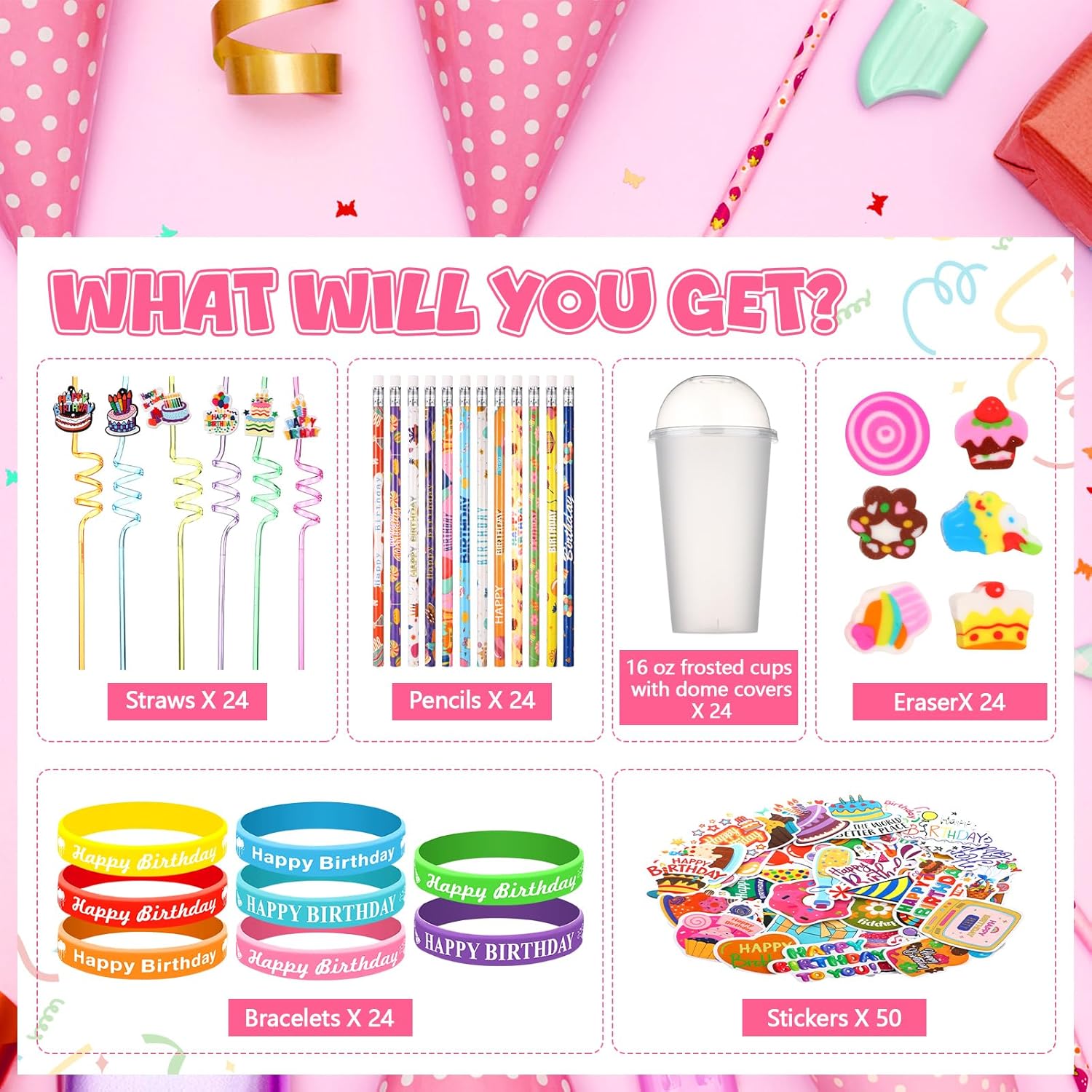 Baderke 24 Sets Birthday Gifts Party Favors Set Include Reusable Cups with Dome Lids Straw Decoration Pencil Heart Eraser Silicone Bracelet Stickers (Birthday A)