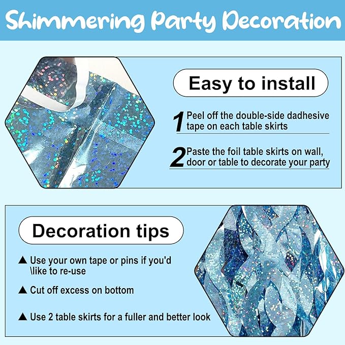 6Pack 29 x108 Inch Light Blue Wave Foil Fringe Table Skirts Metallic Banner for Tinsel Streamer Garland Backdrop for Parade Floats, Mother's Day, Easter, Graduate, Birthday, Wedding Party Decoration