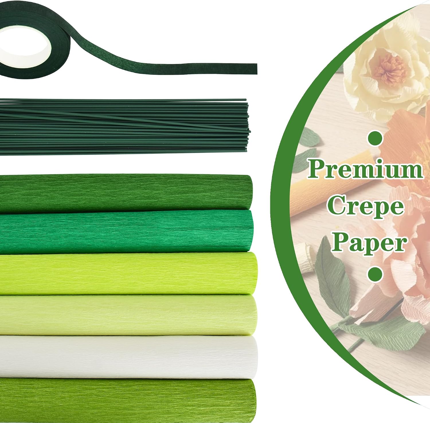 BEISHIDA 6 Rolls Crepe Paper Roll, 6 Green Series Crepe Paper Sheet for Flower Making, Flowers Kit with Tape and Wire for Wedding Birthday Holiday Party Decoration,DIY Craft(9.8in x 8ft/Roll)