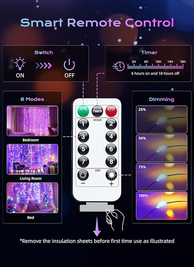 Brightown 300 LED Fairy Curtain Lights, 9.8ft x 9.8ft Multicolor Curtain String Lights, USB Plug in 8 Lighting Modes Christmas String Hanging Lights with Remote for Bedroom Indoor Outdoor Party Xmas