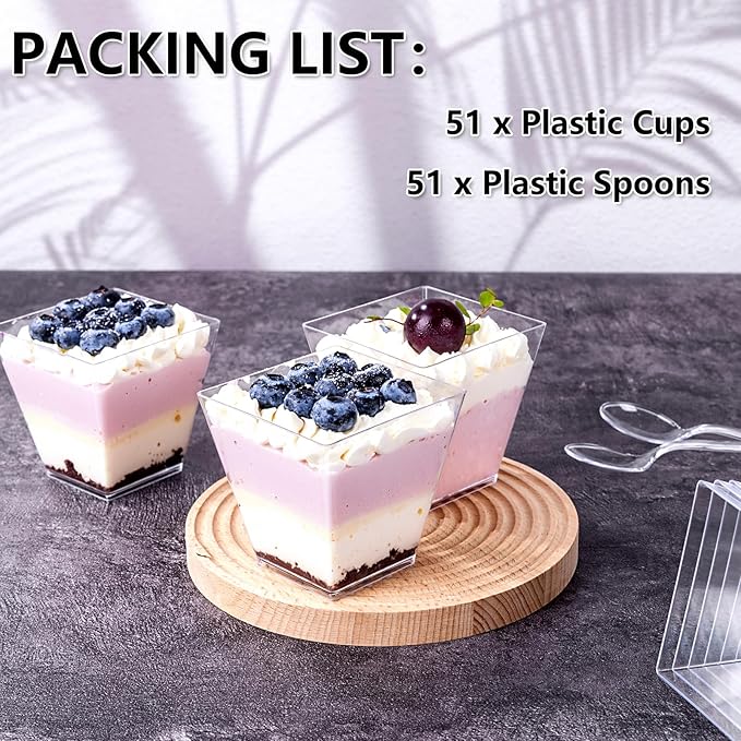 YOUBET 102 PCS Plastic Dessert Cups - 8oz Clear Square Cups - 51 Pack Mini Appetizer Cup with Tasting Spoons for Pudding, Fruit, Yogurt Parfait and Ice Cream