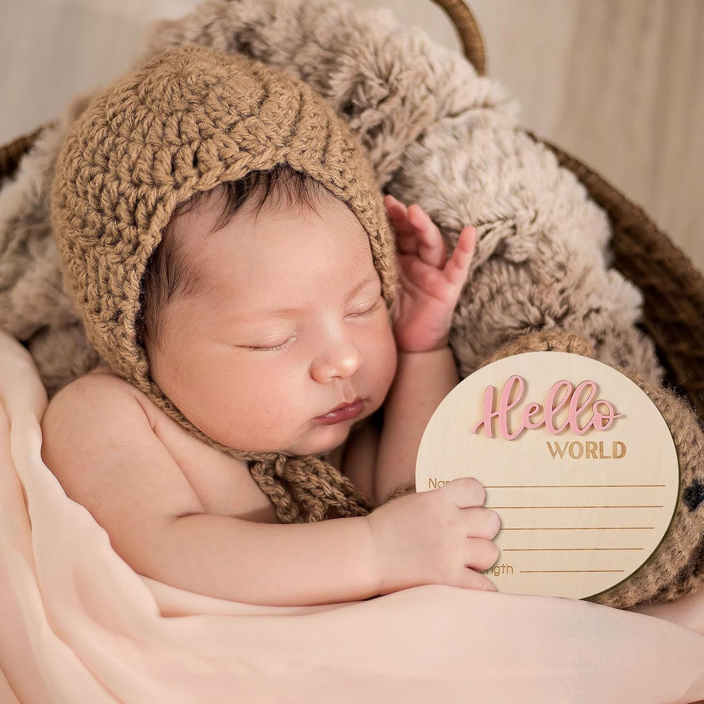 Baby Announcement Sign, 5.9in Wooden Hello World Newborn Signs Birth Announcement Sign Welcome Name Plaques for Newborn Boys and Girls Photo Props Baby Shower Hospital Nursery (Light Pink)