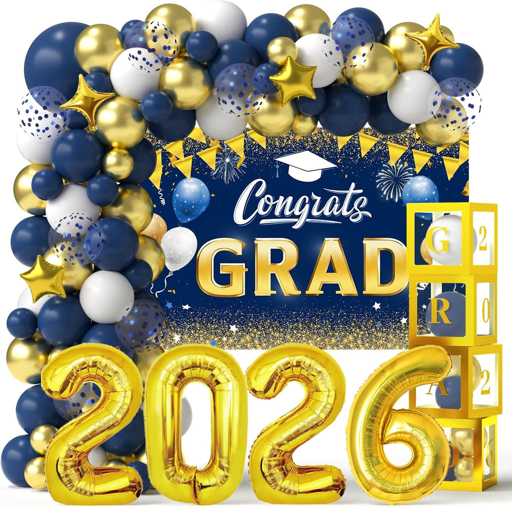 navy blue and gold graduation balloons garland arch, main product view