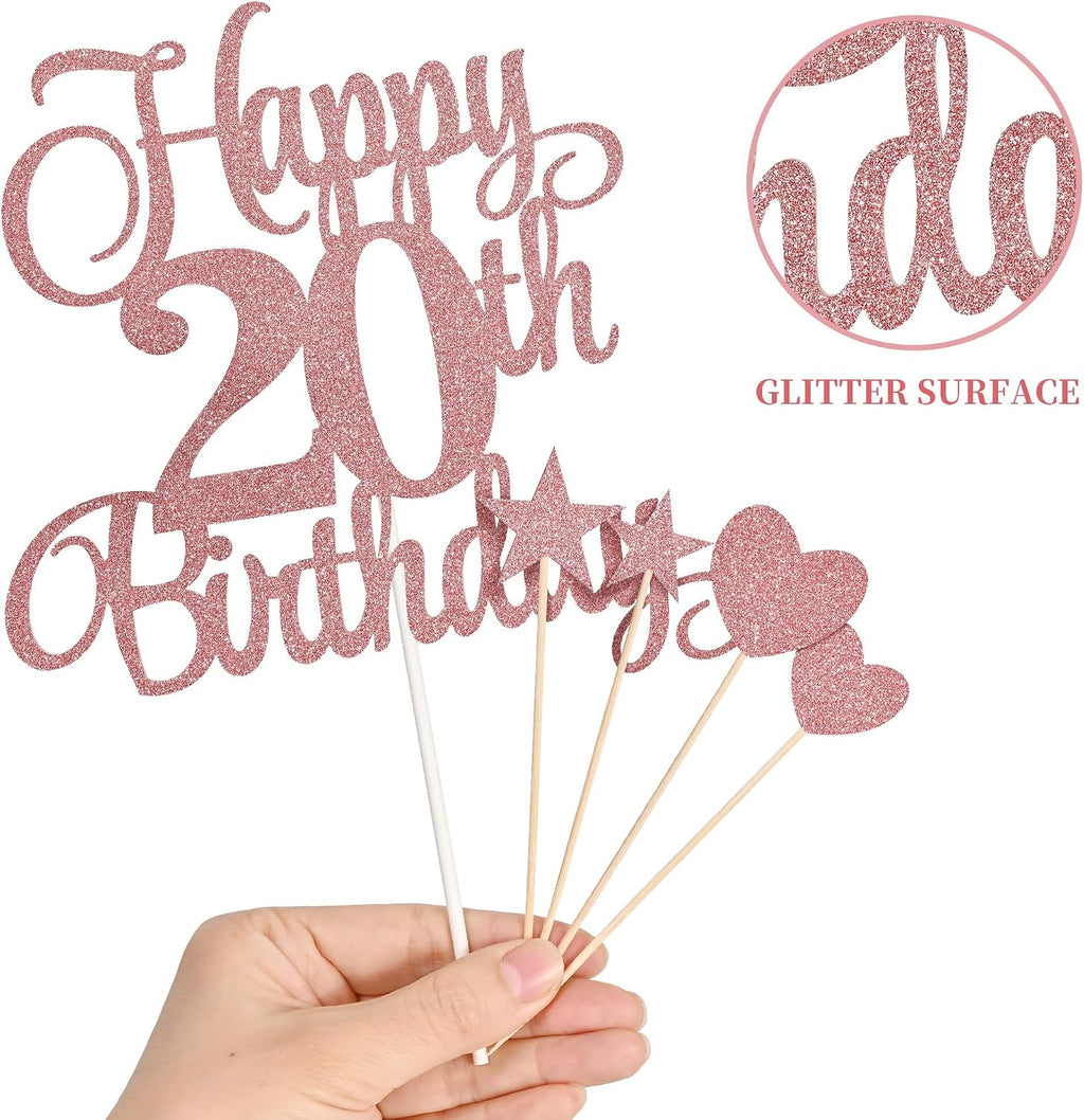 20th Birthday Cake Decorations, 20th Birthday Candles Cake Numeral Candles and Glitter Happy 20th Birthday Cake Toppers Set for Birthday Party Supplies (Rose Gold)