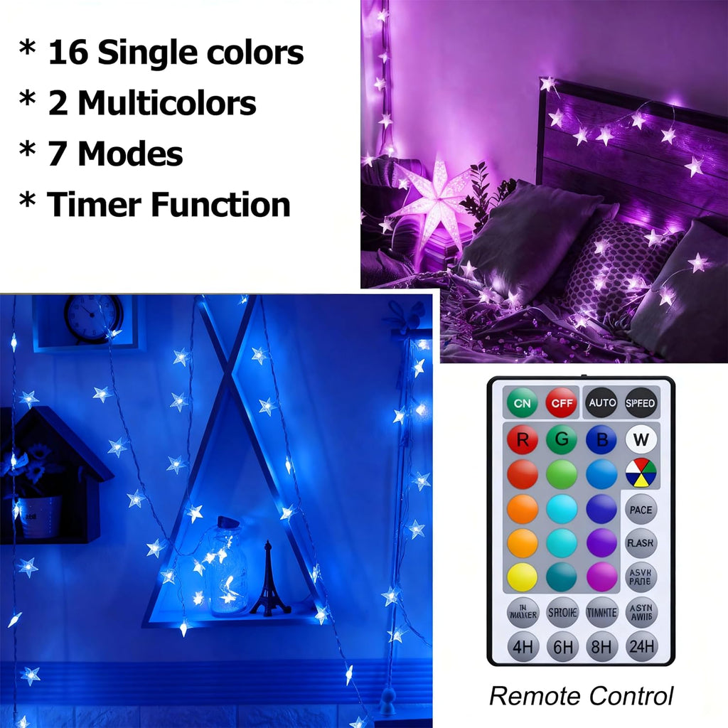 Solhice Star String Lights Battery Operated Color Changing 20ft 40 LEDs, 4th of July Decor Fairy Lights, Hanging Twinkle Lights with Remote for Outdoor Indoor Bedroom Décor