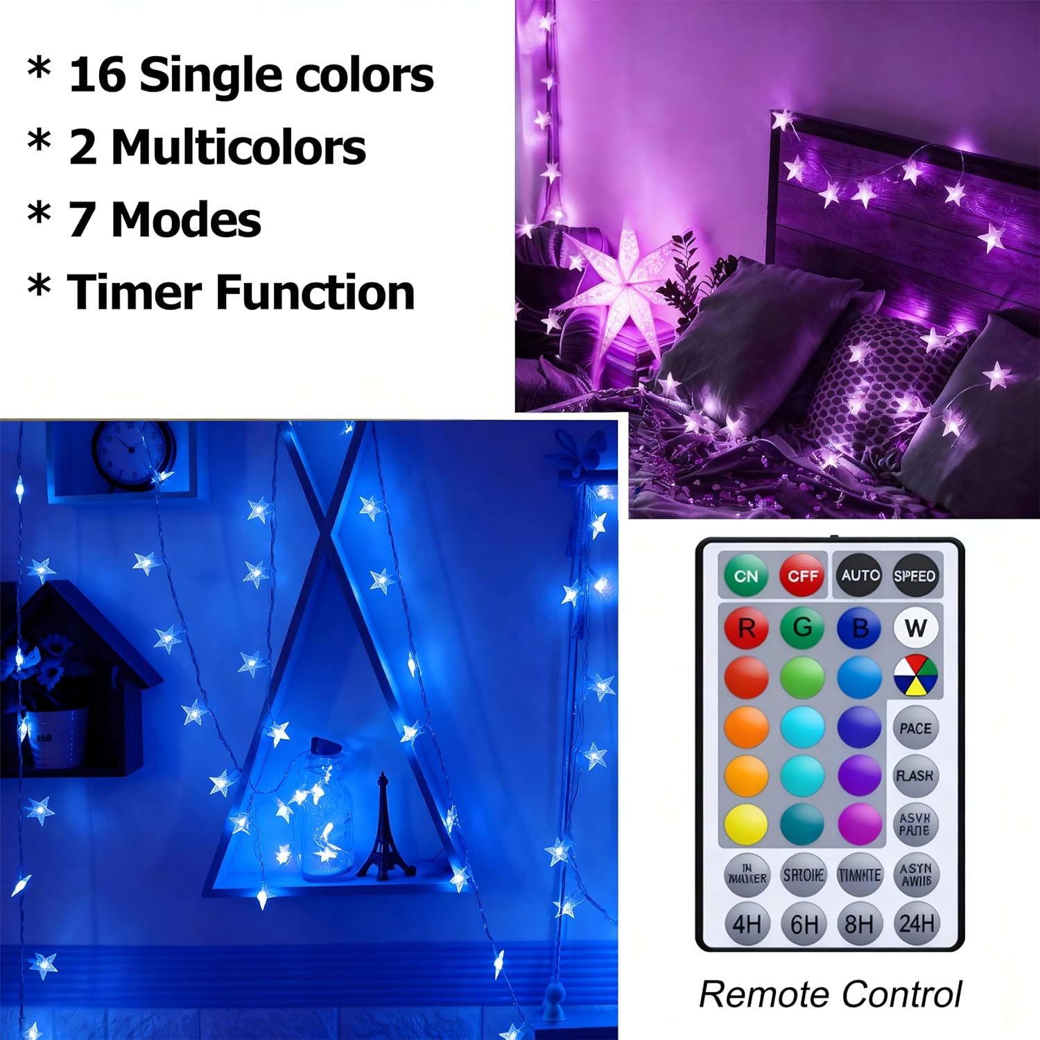 Solhice Star String Lights Battery Operated Color Changing 20ft 40 LEDs, 4th of July Decor Fairy Lights, Hanging Twinkle Lights with Remote for Outdoor Indoor Bedroom Décor