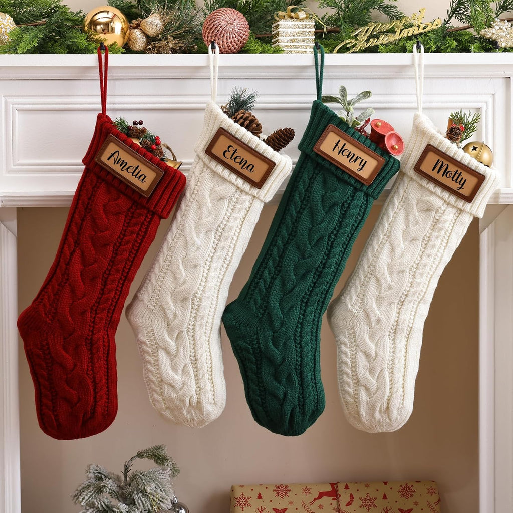 CARAKNOTS Personalized Christmas Stockings 4 Pack Knit Christmas Stockings with Names Tag Patches Vintage Rustic Farmhouse Boho 18" Large Red Green White Knitted Xmas Stocking for Family Kids