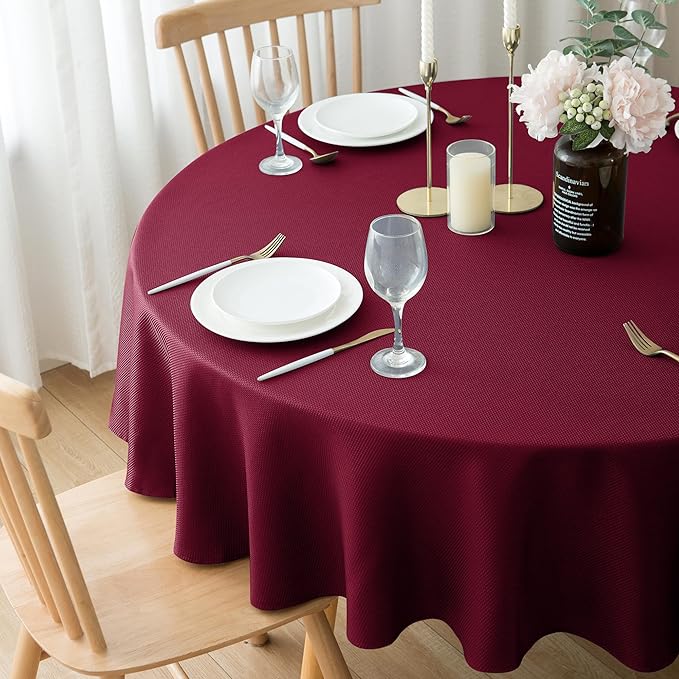 Biscaynebay Textured Fabric Christmas Round Tablecloths 70", Burgundy Water Resistant Folding Table Covers for Dining, Kitchen, Wedding, Parties Machine Washable