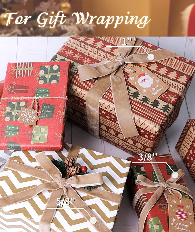 Khaki Velvet Ribbon 5/8'' 25 Yards for Christmas Tree, Gift Wrapping, Flower Bouquet, Wreath Decorations, Bow Making