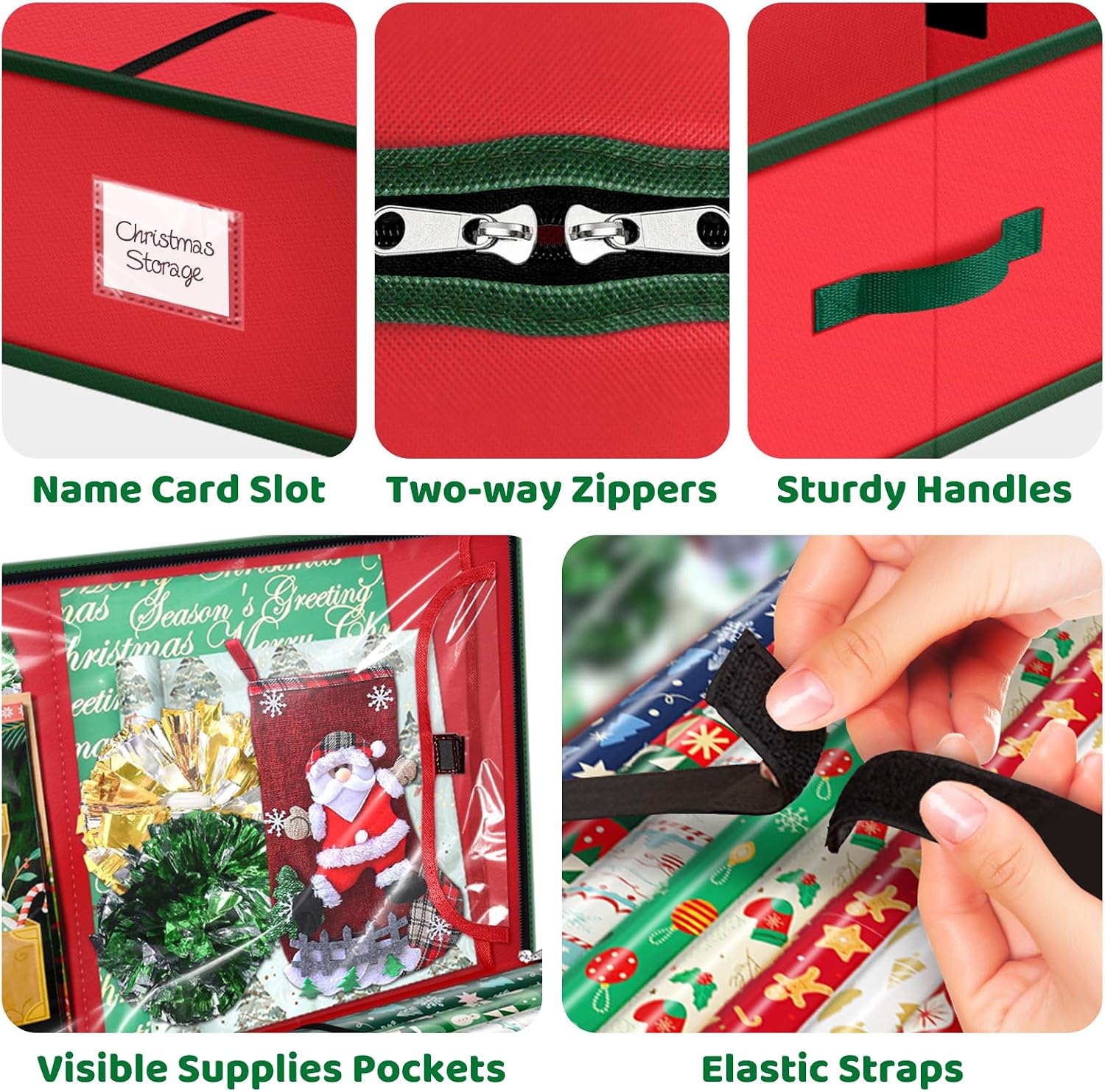 Fabspace Christmas Wrapping Paper Storage Containers, 40 Inch Gift Wrap Organizer, Visible Supplies Pockets for Xmas Accessories, Underbed Storage for Christmas Decorations, Red